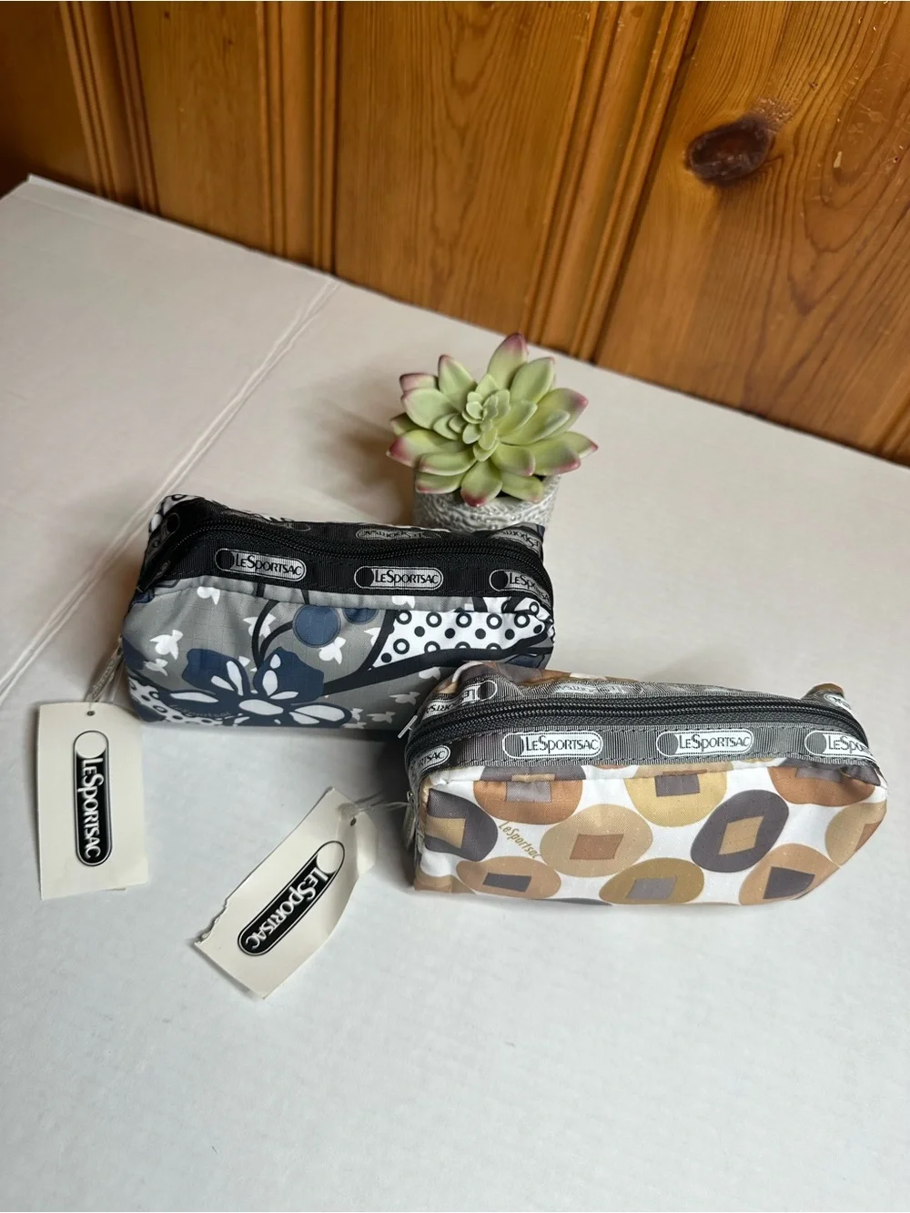 Lesportsac Dual-Pack Men's Toiletry Pouches in Gray Floral and Tan Geo